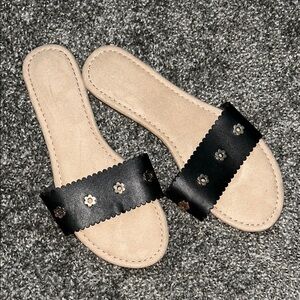 LC Lauren Conrad Black and Tan Slide Sandals with Metal Studs